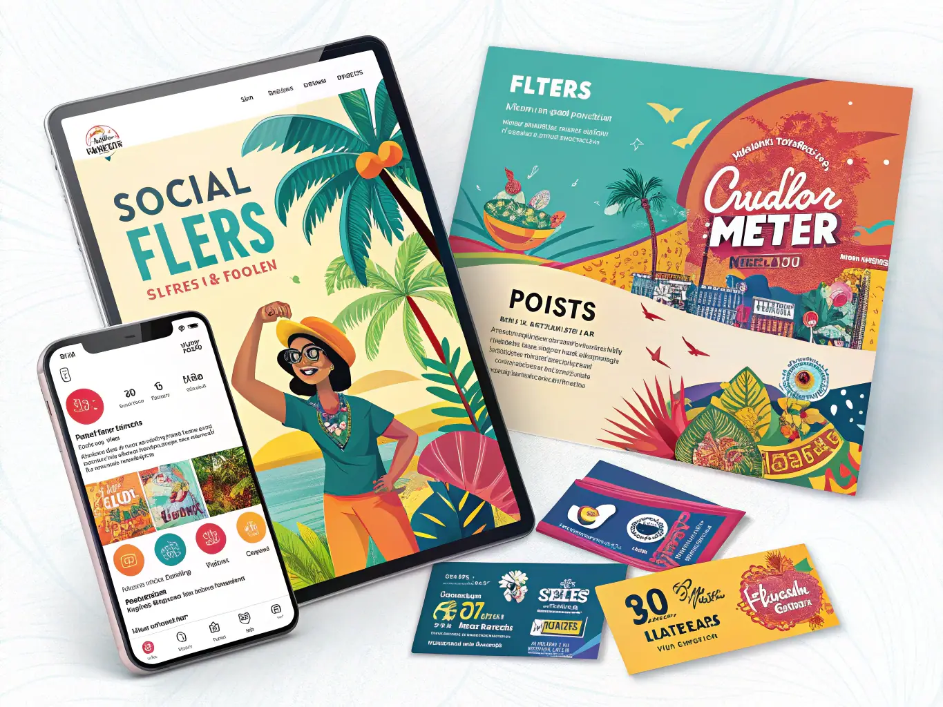 A collection of vibrant brochures, posters, and digital illustrations demonstrating diverse graphic styles, used in the context of the graphic design services offered by StudioForma.